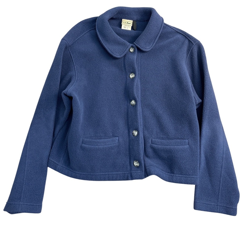LL Bean Fleece Cardigan Jacket Blue Button Front Peter Pan Collar Made in USA M